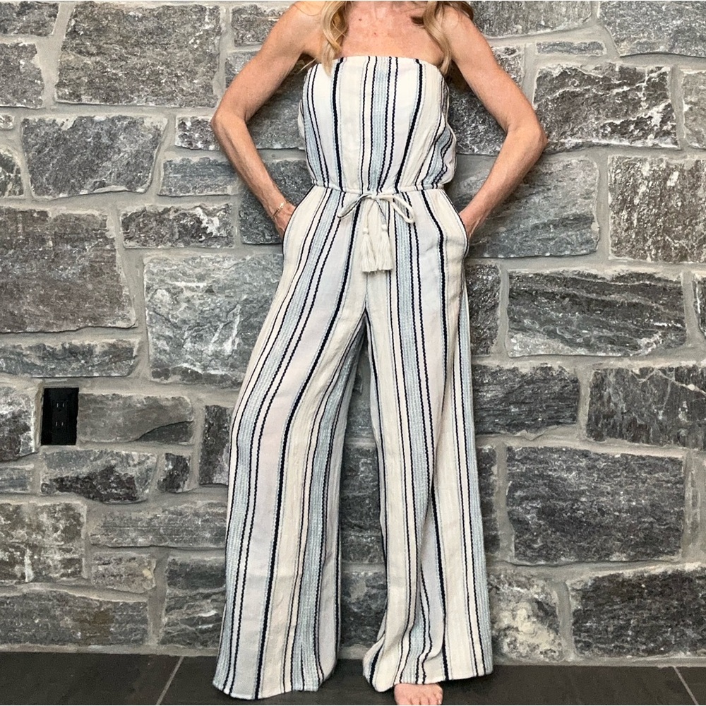 Jumpsuit Wide Leg Strapless Tie Waist Blue & White Gauze Like Fabric size Small